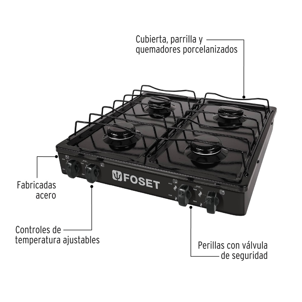 Parilla de gas, 4 quemadores, color negro