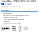 Parilla de gas, 2 quemadores, color negro