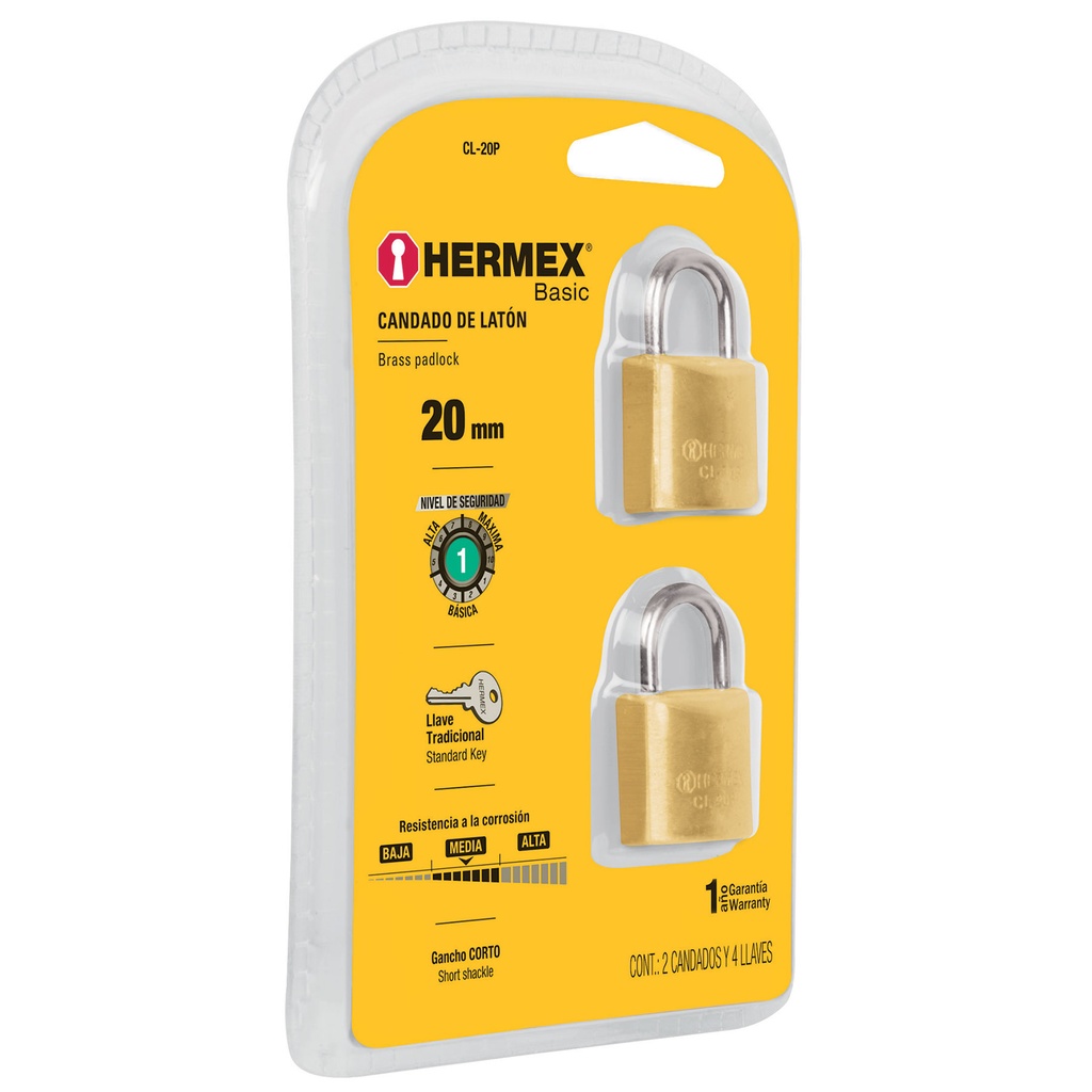 Candados de latón, 20mm, blister 2 piezas, Hermex Basic