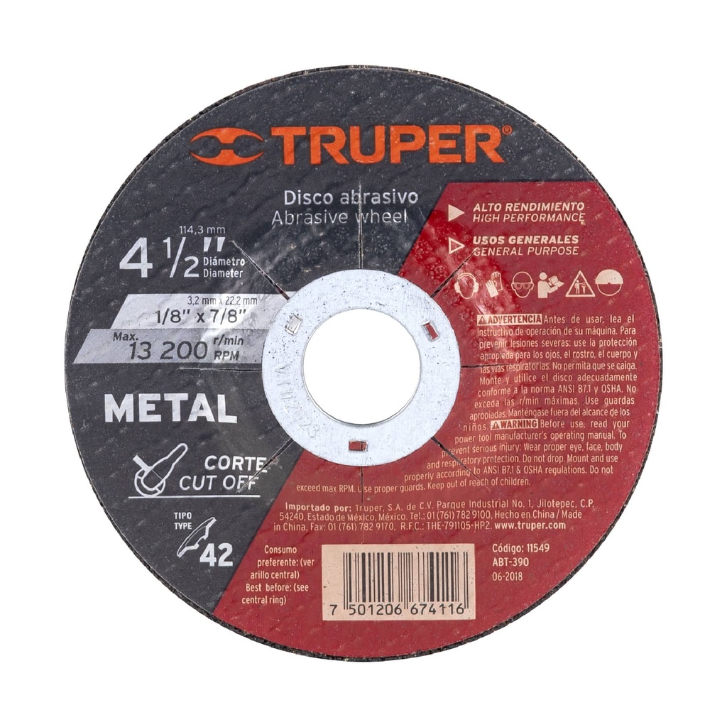 Disco corte metal, tipo42, diámetro 4-1/2', alto rendimiento