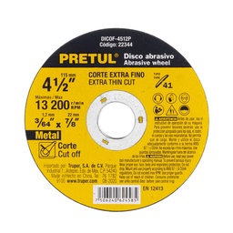 [22344] Disco Tipo 41 para corte fino de metal 4-1/2', 1.2 mm Pretul